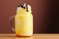 Orange milkshake with chocolate pouring. banan milkshake dessert with orange pasta on wooden table Royalty Free Stock Photo
