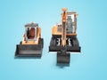 Orange mini crawler excavator and mini loader front view 3d render on blue background with shadow Royalty Free Stock Photo