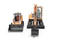 Orange mini crawler excavator and mini loader front view 3d render on white background with shadow Royalty Free Stock Photo