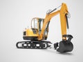 Orange mini crawler excavator on rubber tire with turned cabin to the left 3d render on gray background with shadow Royalty Free Stock Photo