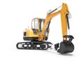 Orange mini crawler excavator on rubber tire with turned cabin to the left 3d render on white background with shadow Royalty Free Stock Photo