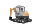 Orange mini excavator with hydraulic crawler mehlopatoy with bucket rear view 3d render on white background with shadow Royalty Free Stock Photo