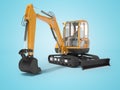 Orange mini excavator with hydraulic mechlopata with leveling bucket in motion 3d render on blue background with shadow
