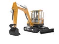 Orange mini excavator with hydraulic mechlopata with leveling bucket in motion 3d render on white background no shadow