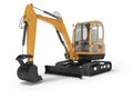 Orange mini excavator with hydraulic mechlopatoy on crawler rubber track with leveling bucket 3d render on white background with