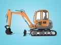 Orange mini tracked excavator left view 3d render on blue background with shadow