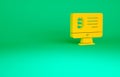 Orange Mining bitcoin from monitor icon isolated on green background. Cryptocurrency mining, blockchain technology