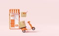 Orange mobile phone or smartphone with store front,scooter,goods cardboard box isolated on pink background.Online delivery or