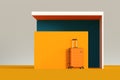 Orange Modern Suitcase in Front of Minimalism Style Architectural Abstract Modern Business Building Exterior. 3d Rendering Royalty Free Stock Photo