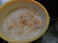 orange mold growing on stale rice in a plastic bowl