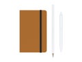 Orange moleskine or notebook with pen and pencil and a black strap front or top view isolated on a white background 3d rendering