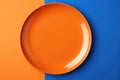 Orange Monochrome Plate On Blue Background, Top View. Generative AI