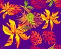 Orange Monstera Design. Pink Watercolor Textile. Yellow Banana Leaf Painting. Purple Seamless Palm. Neon Pattern Texture. Tropical