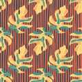 Orange monstera leaves seamless pattern. Stylized exotic print with stripped background