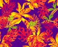 Orange Monstera Plant. Pink Watercolor Design. Purple Banana Leaf Foliage. Neon Seamless Design. Violet Pattern Texture. Tropical