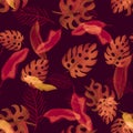 Orange Monstera Texture. Autumn Banana Wallpaper. Violet Tropical Texture. Yellow Seamless Design. Pink Pattern Print. Purple Wate