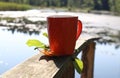 Orange Mug With Hot Tea On The Railing Of The Forest Lake Bridge, Close-up-the Concept Of Wonderful Nature Walks In The Autumn