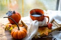 An orange mug in a scarf with hot tea, pumpkins, yellow dry maple leaves, a book on the windowsill, raindrops on the window -