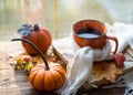 An orange mug in a scarf with hot tea, pumpkins, yellow dry maple leaves, a book on the windowsill, raindrops on the window -