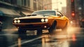 an orange muscle car driving down a city street in the rain at sunset or dawn with a red traffic light in the foreground and