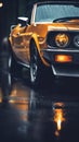 an orange muscle car parked in the rain at night