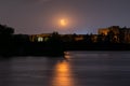Orange Mystic Vivid Moon On Night Sky On Lake
