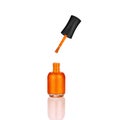 Orange nail polish glass bottle, brush, mirror reflection white background isolated close up, red open varnish package, shadow Royalty Free Stock Photo