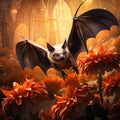 Orange nectar bat Lonchophylla robusta flying bat in dark night. Nocturnal animal in flight with white orchid flower