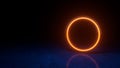 Orange neon round frame, circle, ring shape, empty space. Fashion show stage, abstract background. Minimal banner mockup. 3d