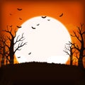 Orange night background with full super moon, clouds, bats and ba