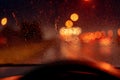 Orange night light bokeh from street light on traffic jam day. Rainy day. Transparent glass window with rain drop. Romantic