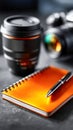 Orange notebook with pen beside camera lens on a dark desk Royalty Free Stock Photo