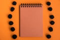 Orange notepad in a frame of black fluffy pom-poms on an orange background. Halloween celebration concept. Copy space.