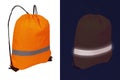 Orange nylon drawstring bag with reflective tape