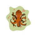 Orange octopus - a builder in a helmet on a pistachio background with orange bubbles