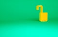 Orange Open padlock icon isolated on green background. Opened lock sign. Cyber security concept. Digital data protection Royalty Free Stock Photo