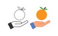 Orange in open palm icon. Give tangerine symbol. Sign treat with fruit vector