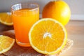 Orange and orange juice on wooden background