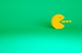 Orange Pacman with eat icon isolated on green background. Arcade game icon. Pac man sign. Minimalism concept. 3d