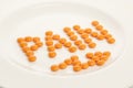 Orange pain killers forming the word `pain`