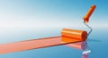 Orange Paint Roller Creating a Vibrant Orange Stripe on a Reflective Blue Surface Under a Clear Sky painting Royalty Free Stock Photo