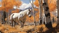 Hyper-realistic Illustration: White Horse In Autumn Trees Royalty Free Stock Photo