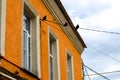 An Orange Painted House Exterior With Three Pigeons
