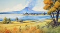 Watercolor Painting: Volcano With Lake And Foliage In Washington Color School Style