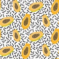 Orange papaya on white dashed seamless pattern.