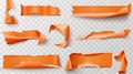 Orange paper duct tape modern strip set. Ripped adhesive sticker texture collection on transparent background. Three Royalty Free Stock Photo