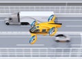 Orange Passenger Drone Taxi, fleet of delivery drones flying along with truck driving on the highway