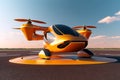 orange passenger drone taxi on helipad.