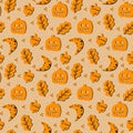 Orange pattern for Halloween. Elements for celebrating with pumpkin, autumn leaves, acorn, moon. Carnival background in