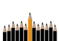 Orange pencil with black pencils and shadow overlay on white background. Performance outstanding from crowd for different thinking Royalty Free Stock Photo